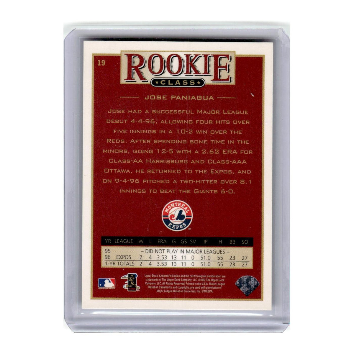 1997 Collector's Choice Rookie Class Jose Paniagua Montreal Expos #19