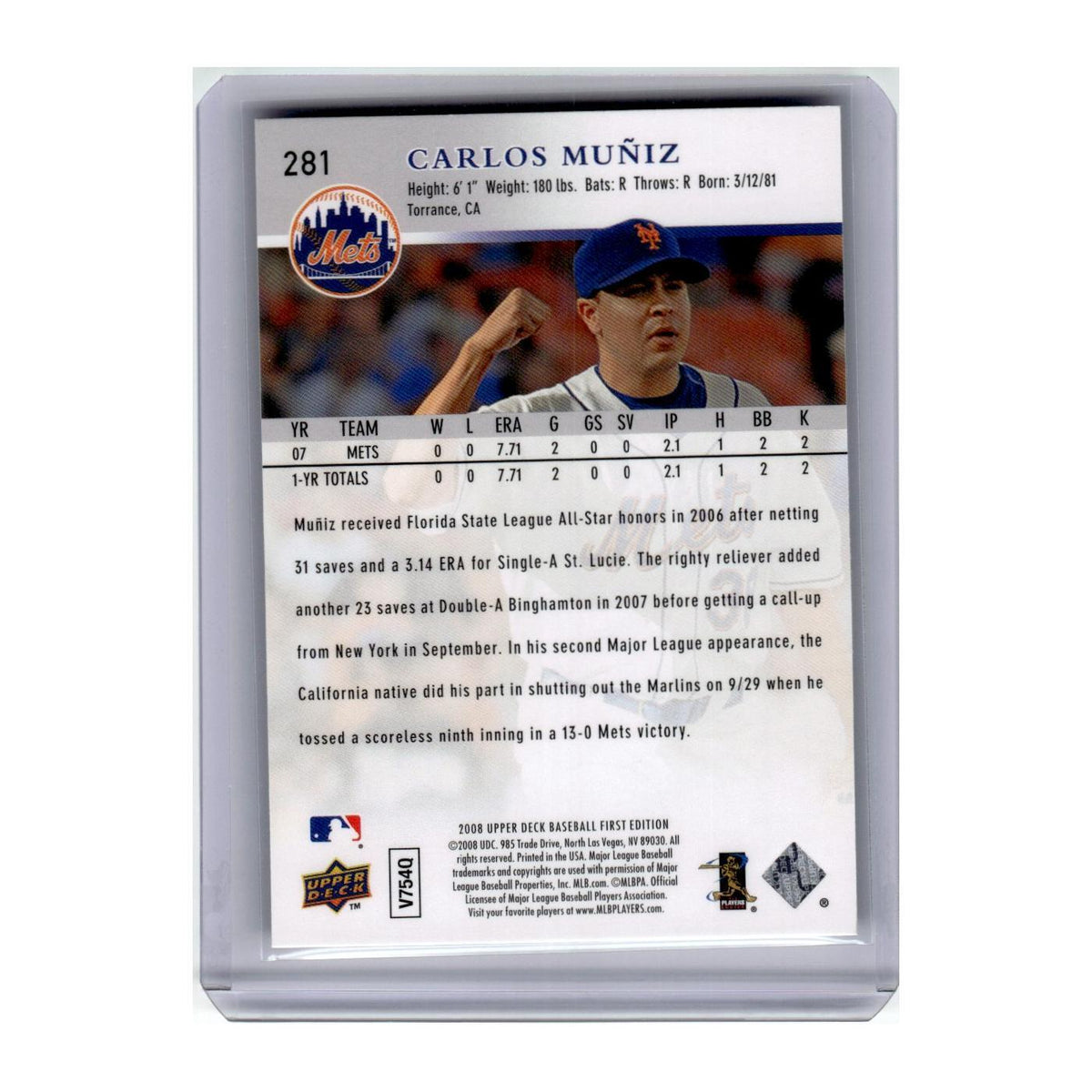 2008 Upper Deck First Edition Carlos Muniz RC Mets #281