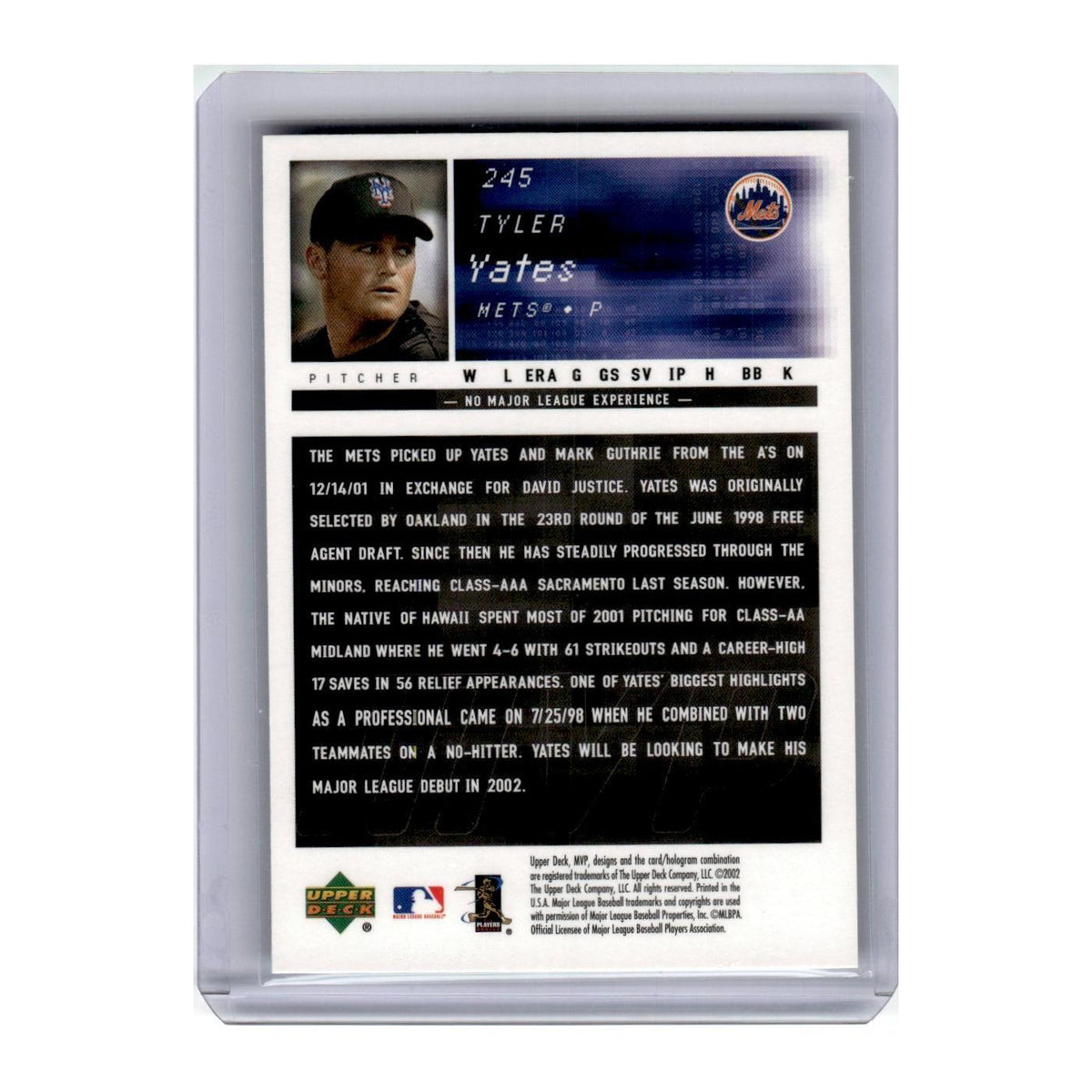 2002 Upper Deck MVP Tyler Yates RC Mets #245