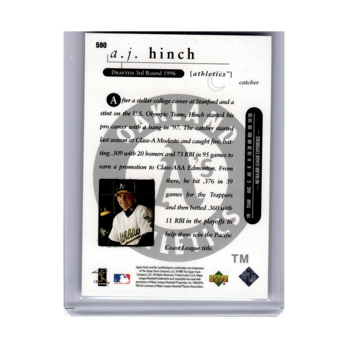 1998 UD Choice Rookie Class A.J. Hinch Athletics #590