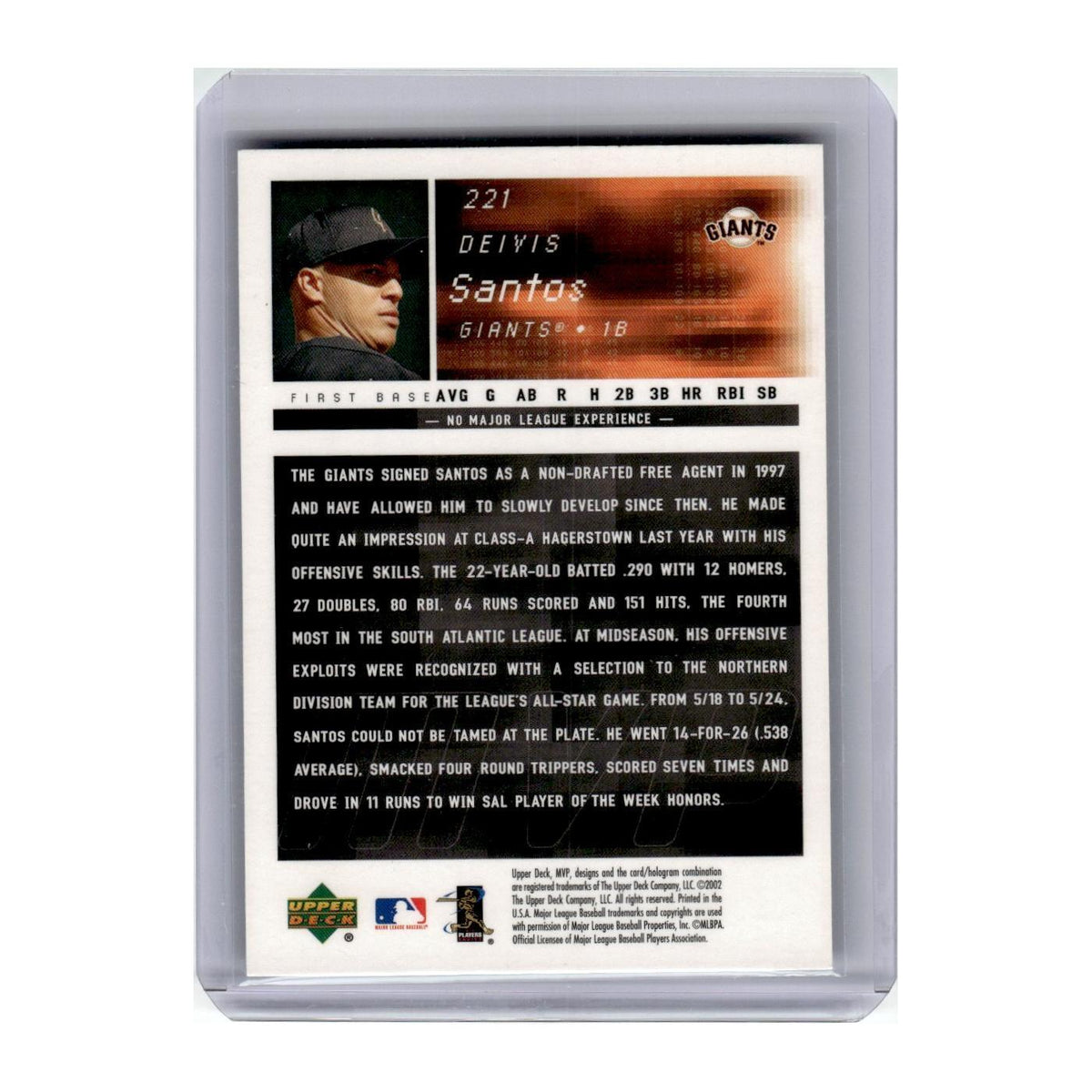 2002 Upper Deck MVP Deivis Santos Giants #221
