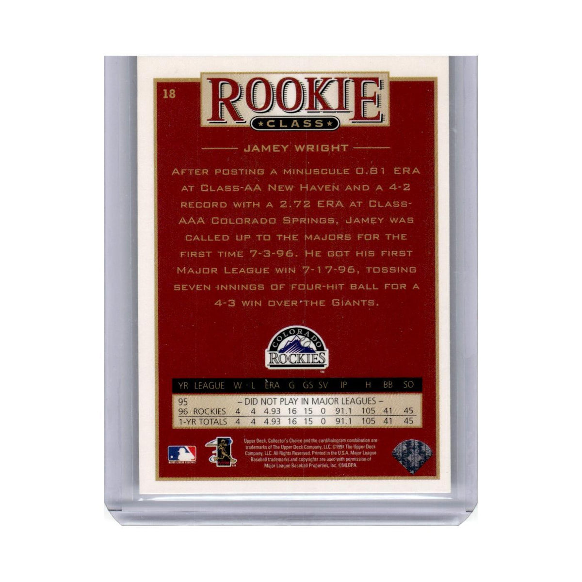 1997 Collector's Choice Rookie Class Jamey Wright Rockies #18