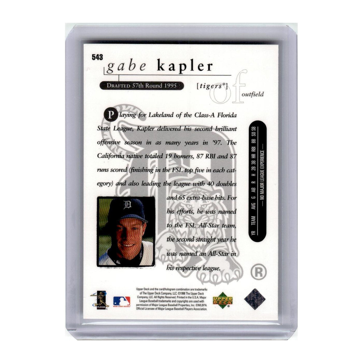 1998 Upper Deck Gabe Kapler RC Tigers #543