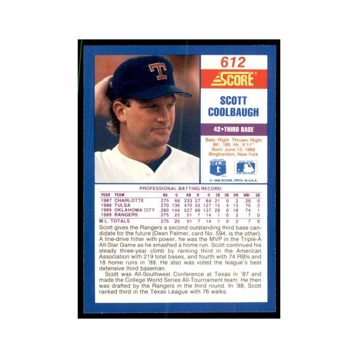 1990 Score Scott Coolbaugh Baseball Cards #612