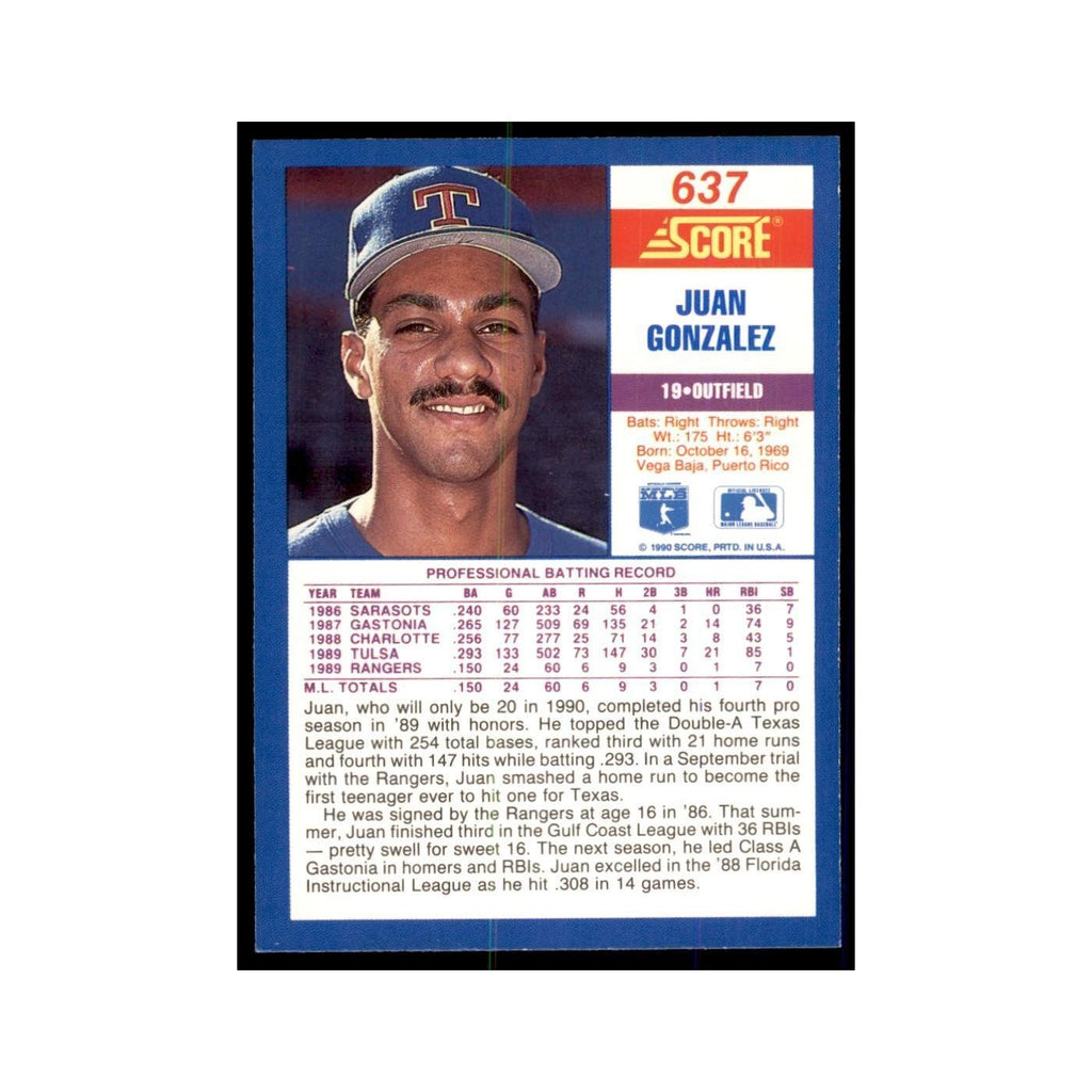 1990 Score Juan Gonzalez Baseball Cards #637
