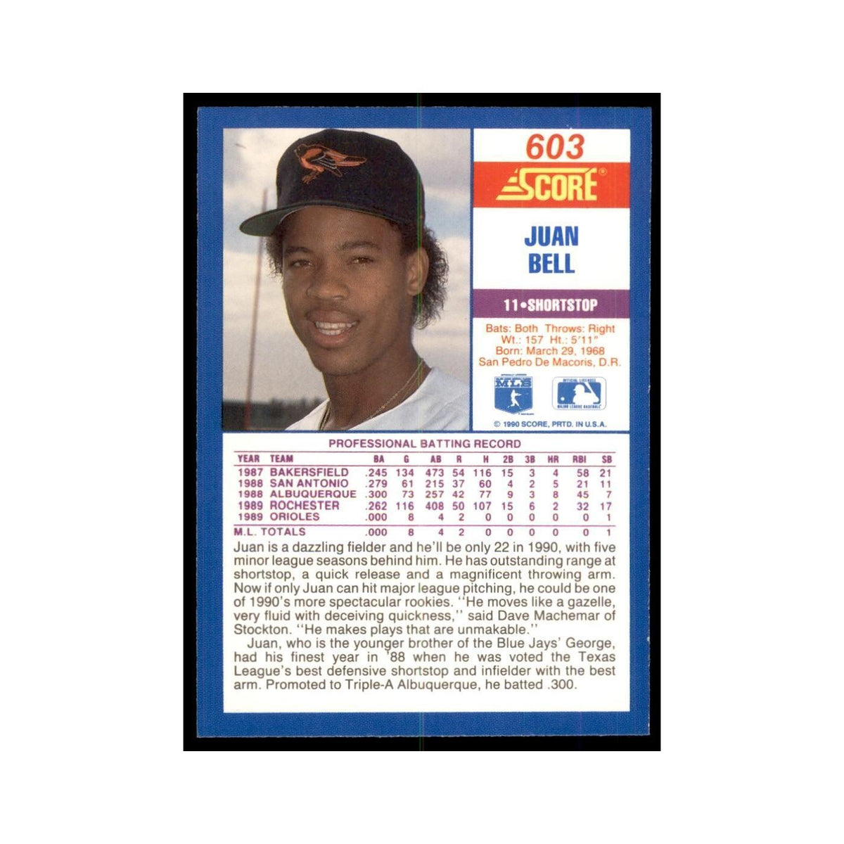 1990 Score Juan Bell Baseball Cards #603
