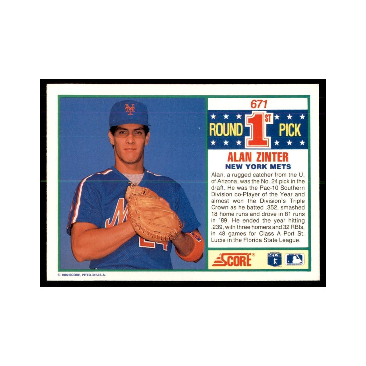1990 Score Alan Zinter Baseball Cards #671