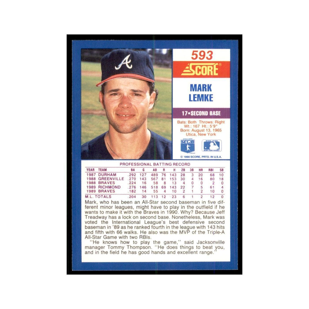 1990 Score Mark Lemke Baseball Cards #593