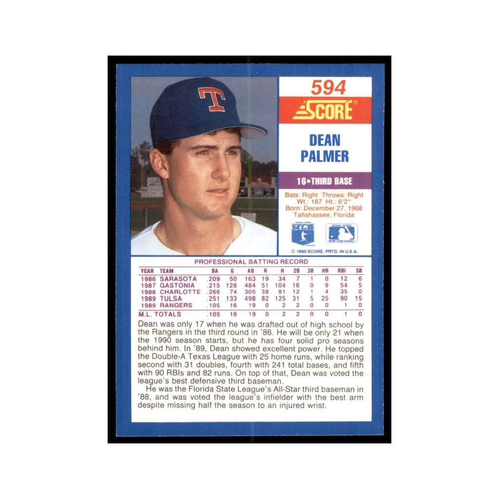 1990 Score Dean Palmer Baseball Cards #594