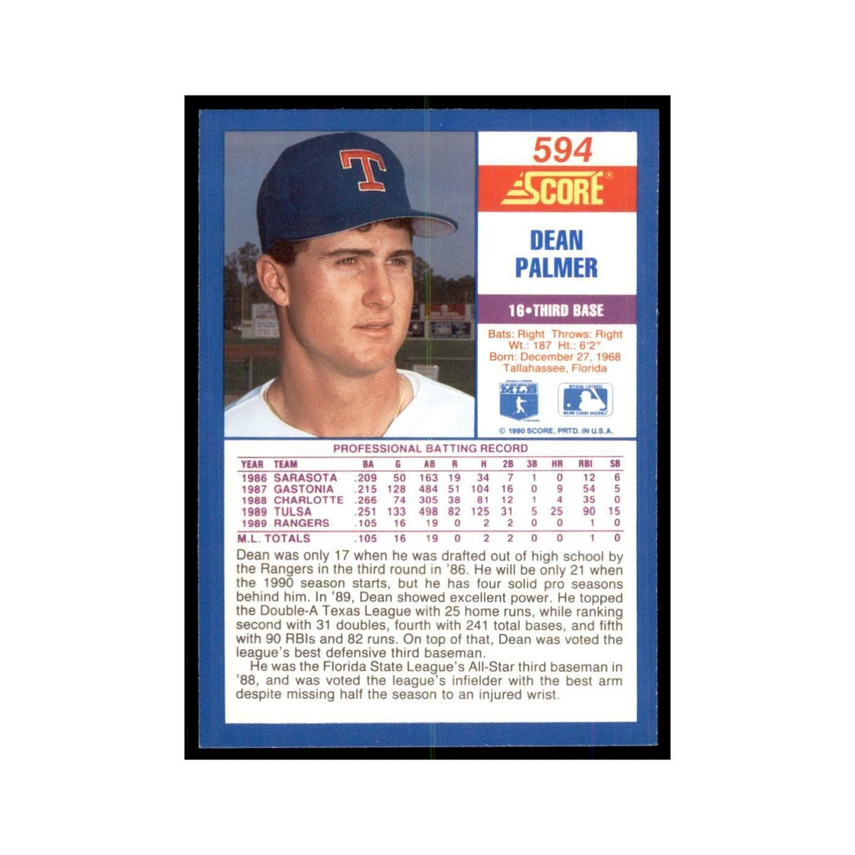 1990 Score Dean Palmer Baseball Cards #594