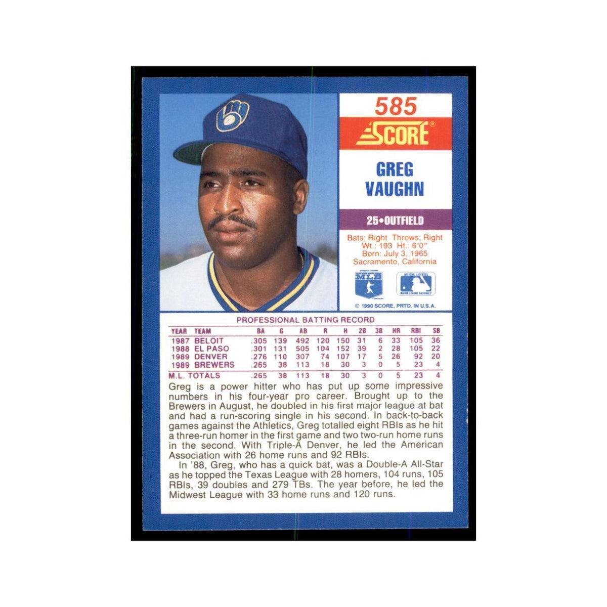 1990 Score Greg Vaughn Baseball Cards #585