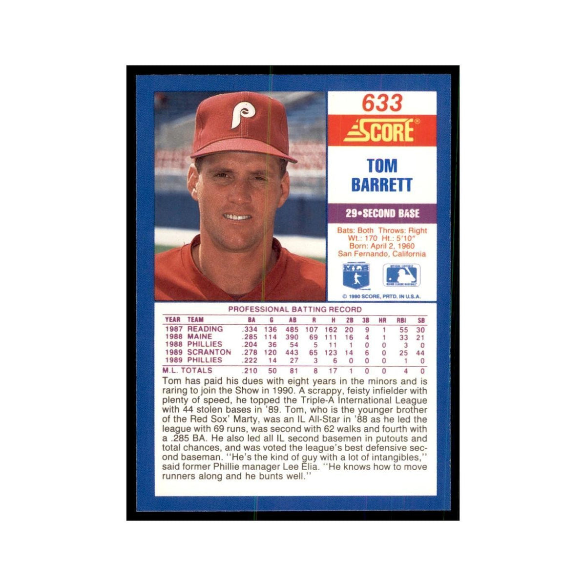 1990 Score Tom Barrett Baseball Cards #633