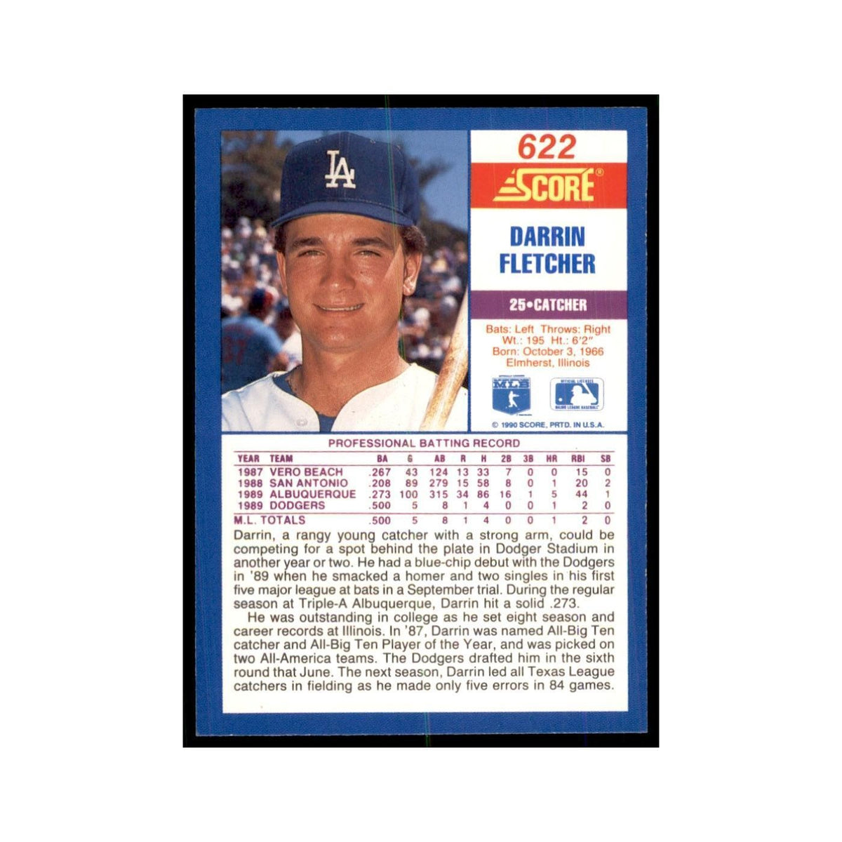 1990 Score Darrin Fletcher Baseball Cards #622