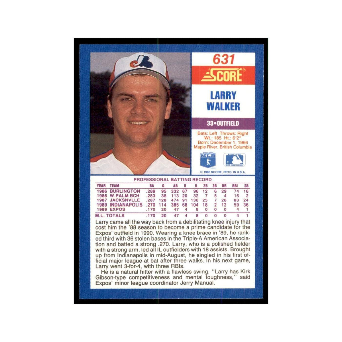 1990 Score Larry Walker Baseball Cards #631