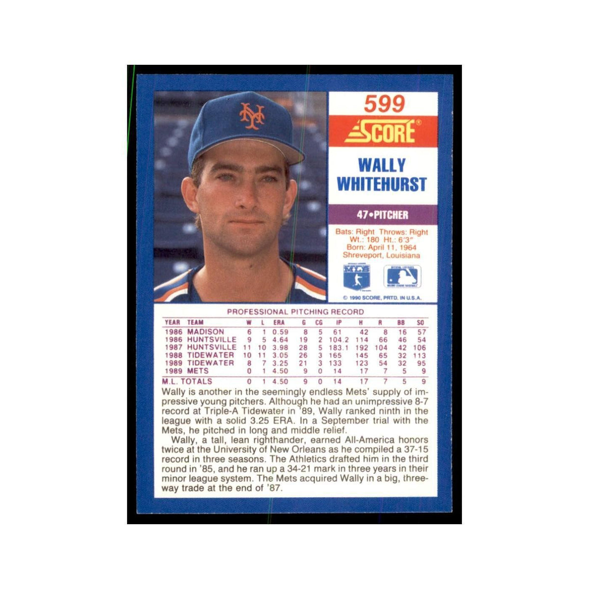 1990 Score Wally Whitehurst Baseball Cards #599