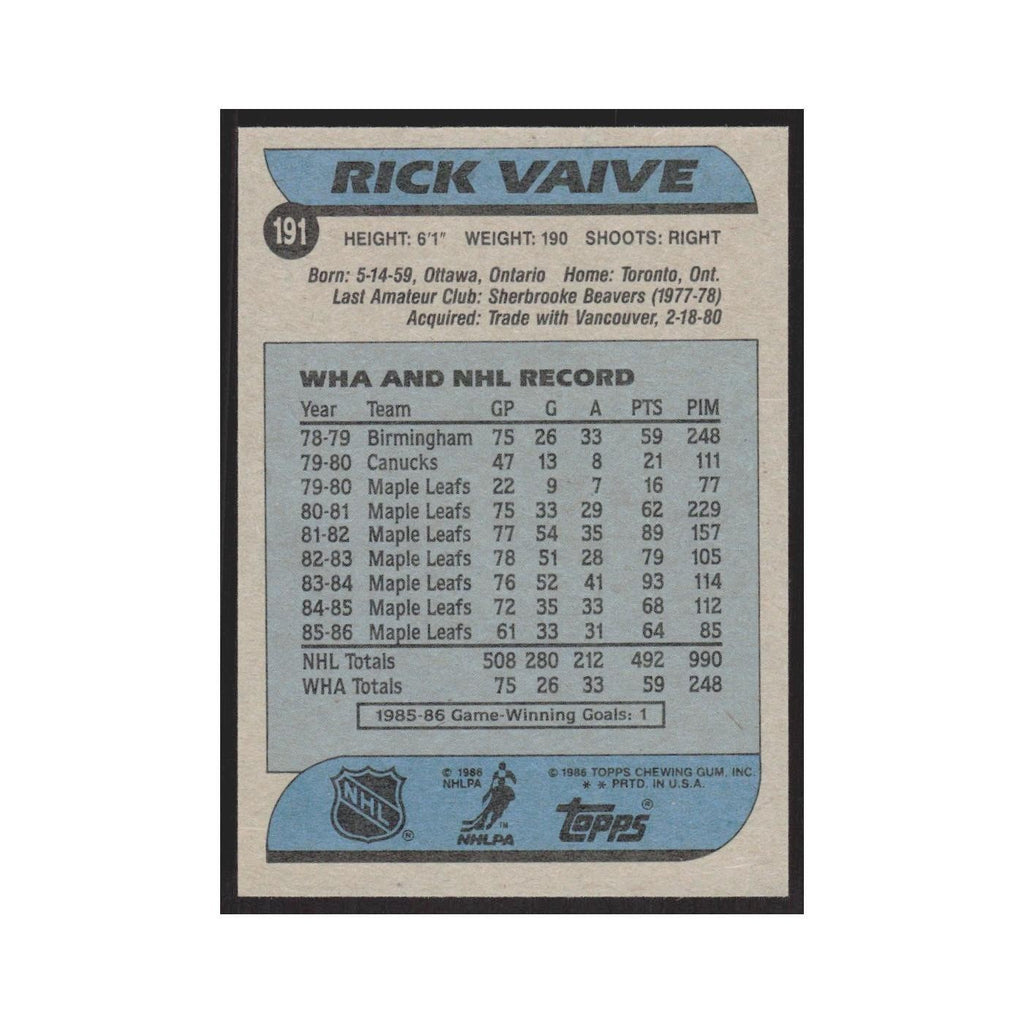 1986 Topps Rick Vaive Toronto Maple Leafs #191