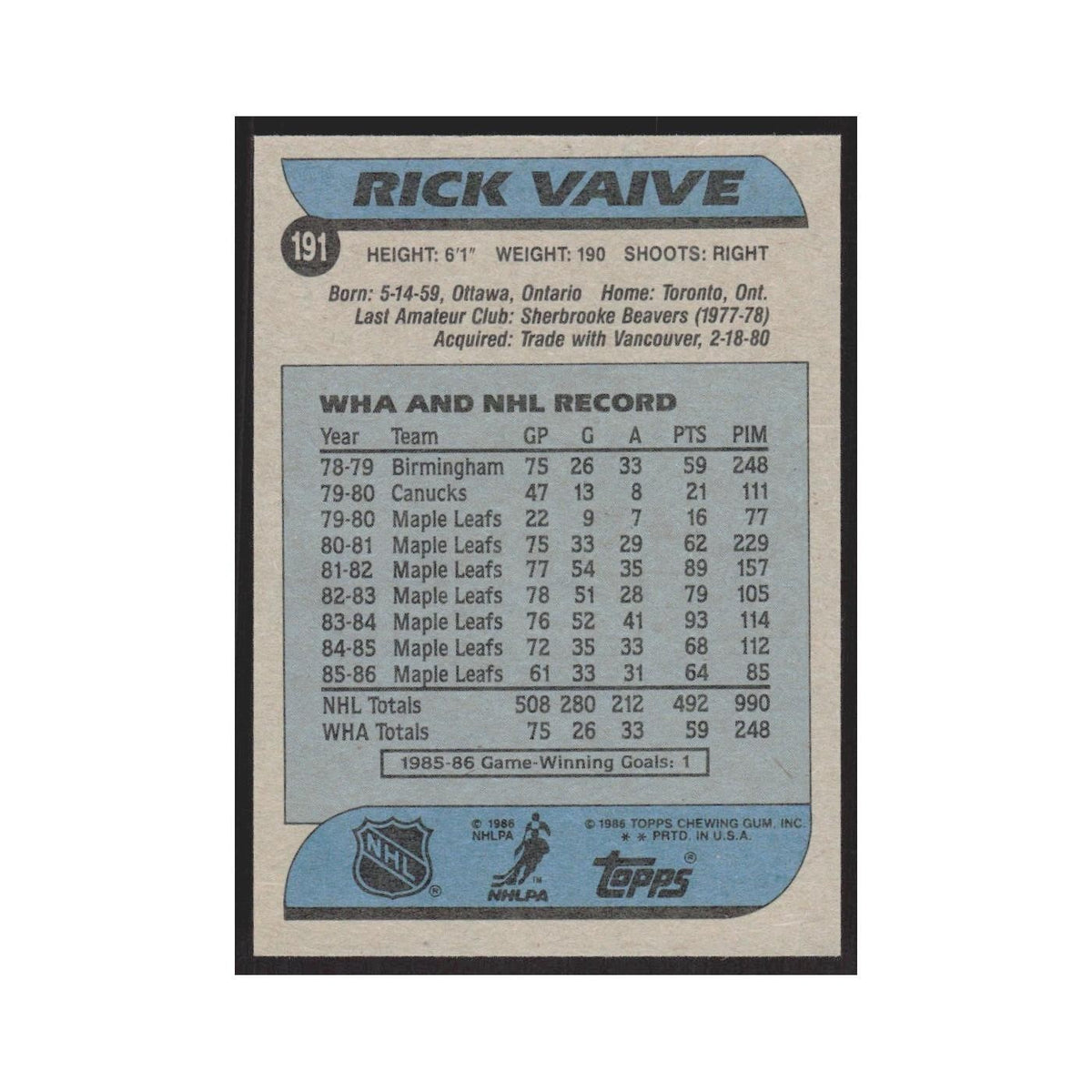 1986 Topps Rick Vaive Toronto Maple Leafs #191