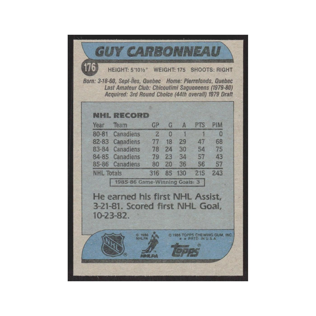 1986 Topps Guy Carbonneau Montreal Canadiens #176