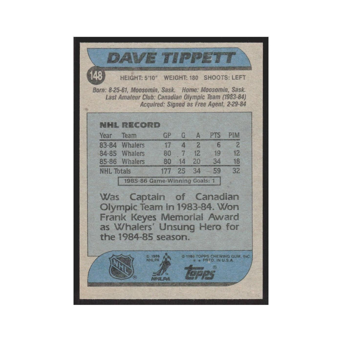 1986 Topps Dave Tippett RC Hartford Whalers #148