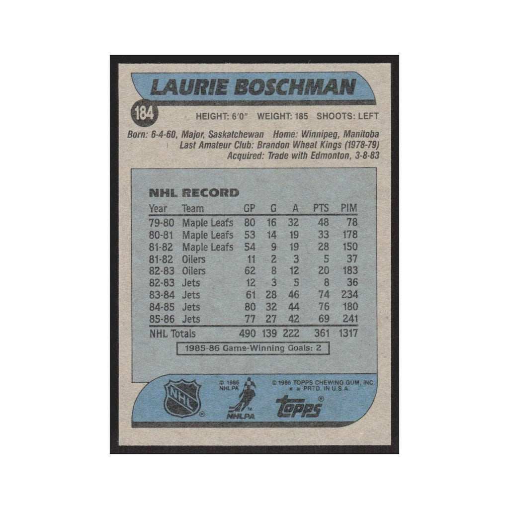 1986 Topps Laurie Boschman Winnipeg Jets #184