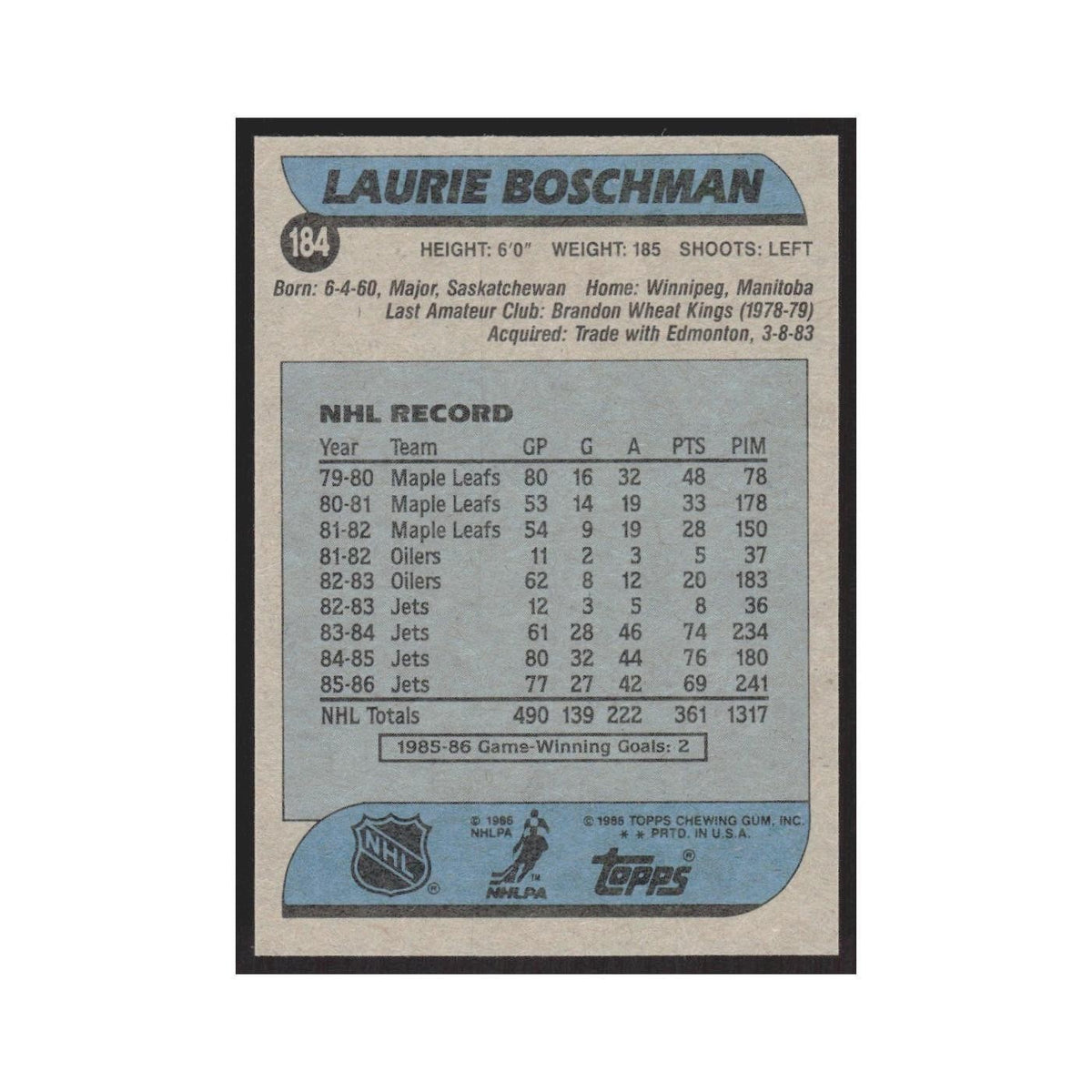 1986 Topps Laurie Boschman Winnipeg Jets #184