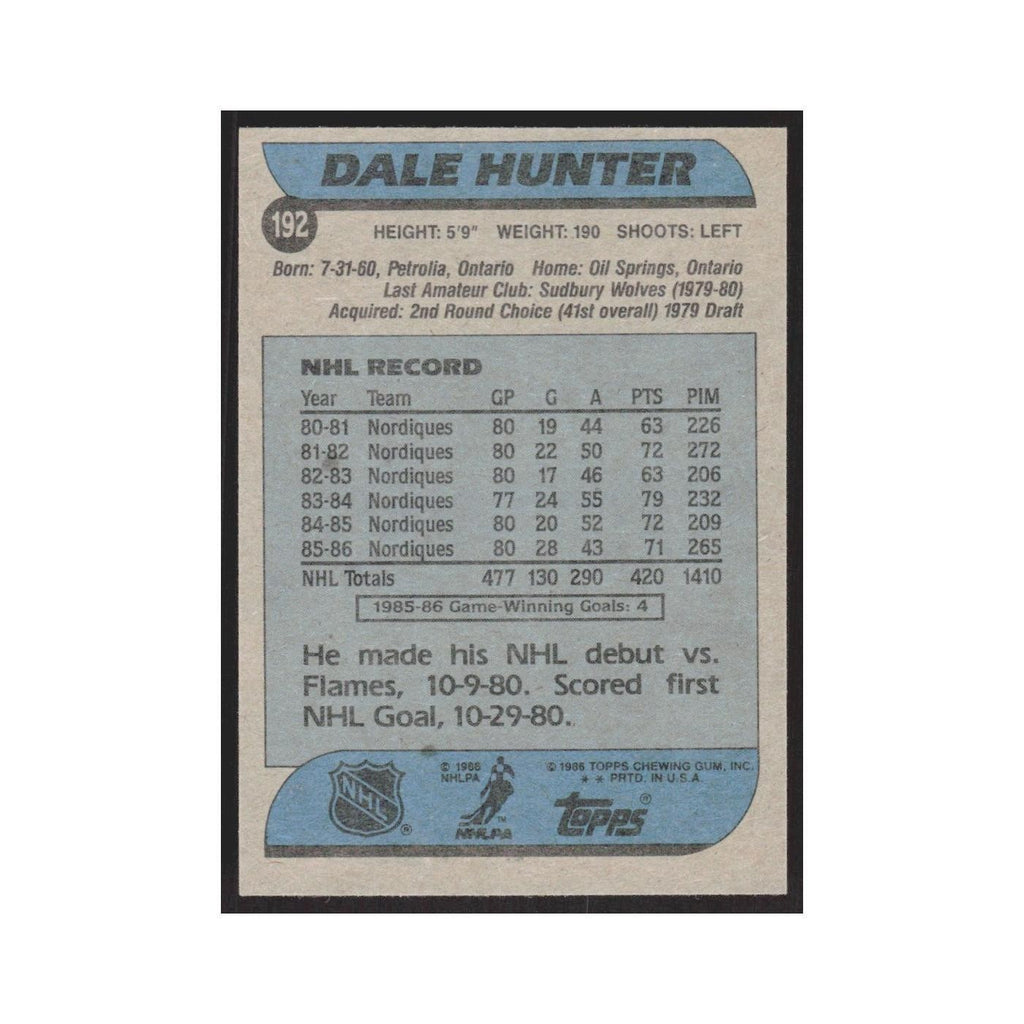 1986 Topps Dale Hunter Quebec Nordiques #192
