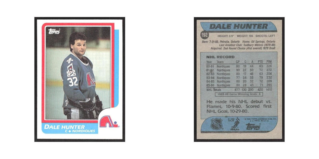 1986 Topps Dale Hunter Quebec Nordiques #192