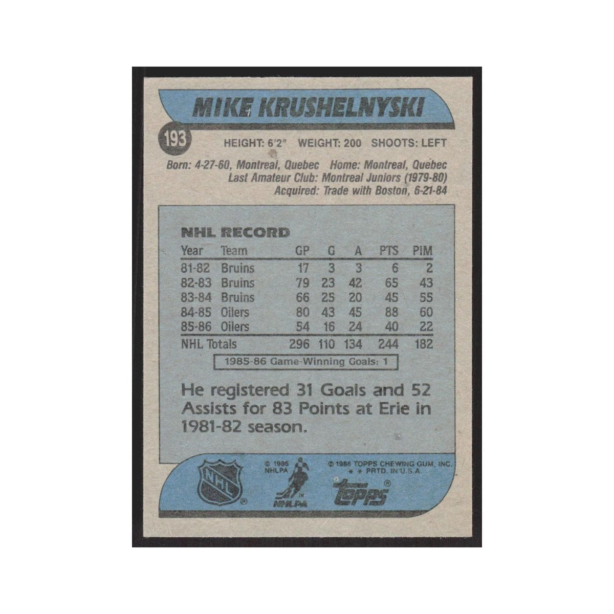 1986 Topps Mike Krushelnyski Edmonton Oilers #193