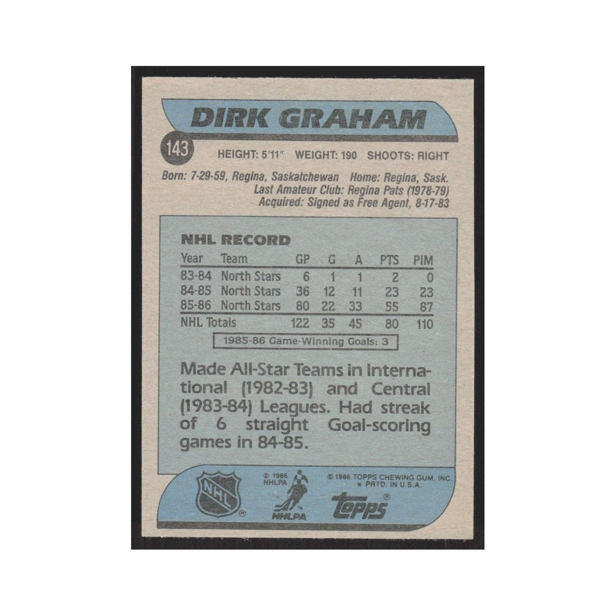 1986 Topps Dirk Graham Minnesota North Stars #143