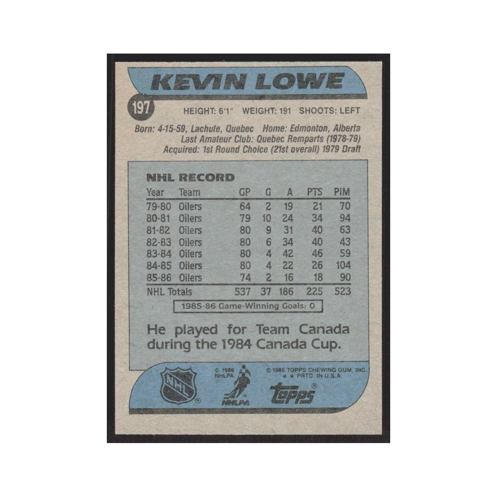 1986 Topps Kevin Lowe Edmonton Oilers #197