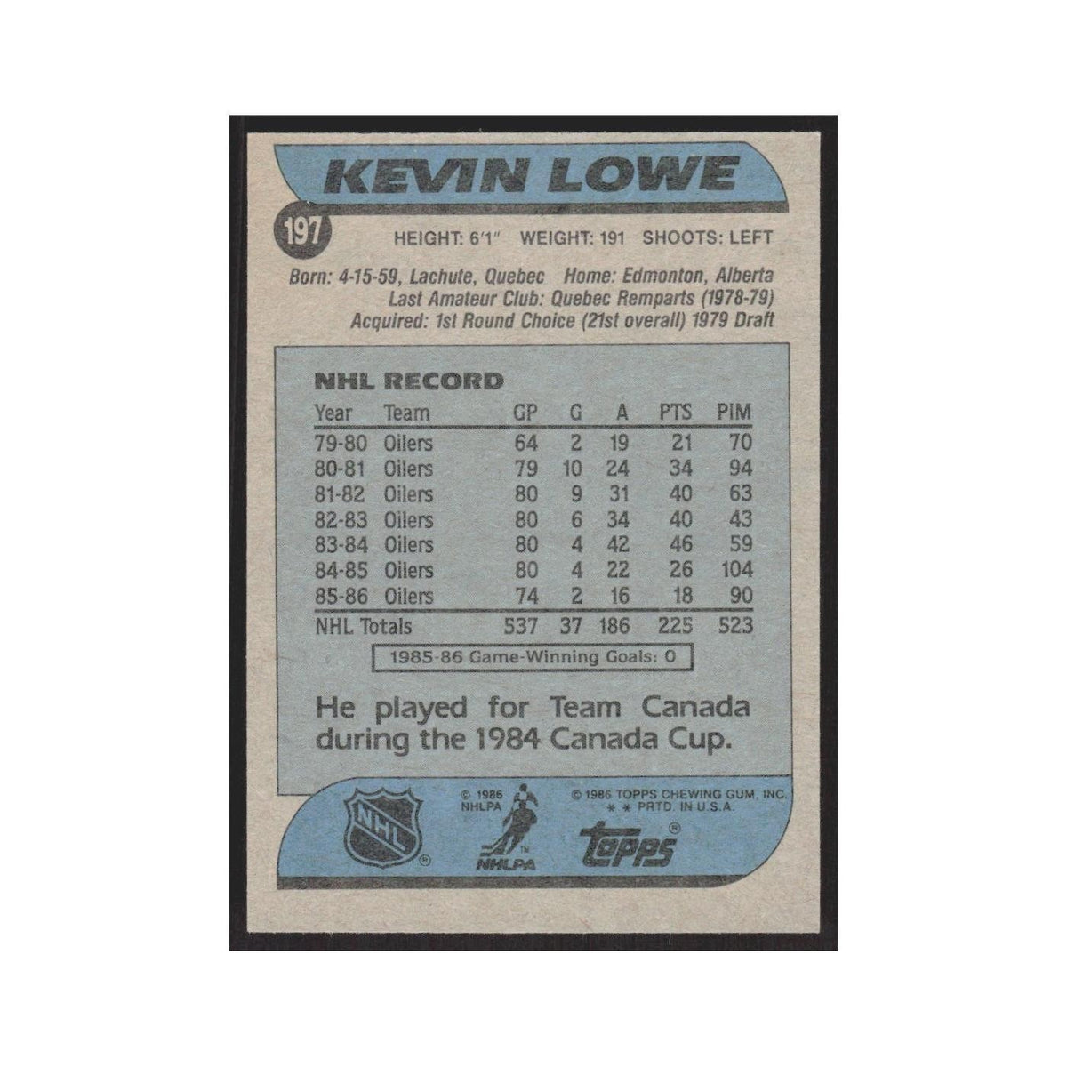 1986 Topps Kevin Lowe Edmonton Oilers #197