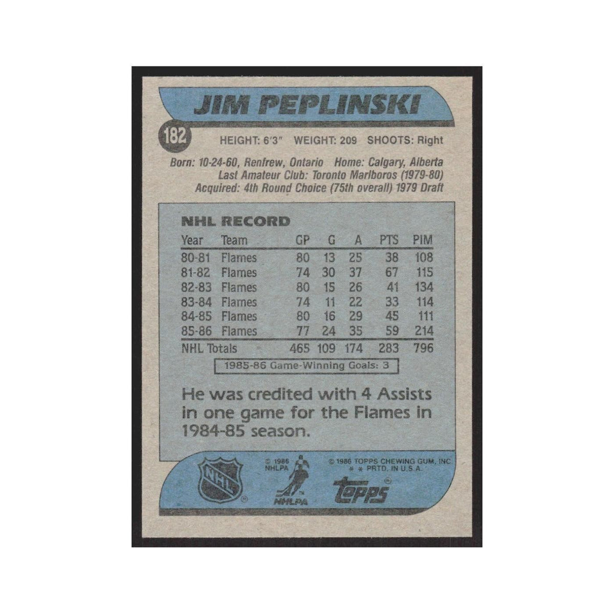 1986 Topps Jim Peplinski Calgary Flames #182