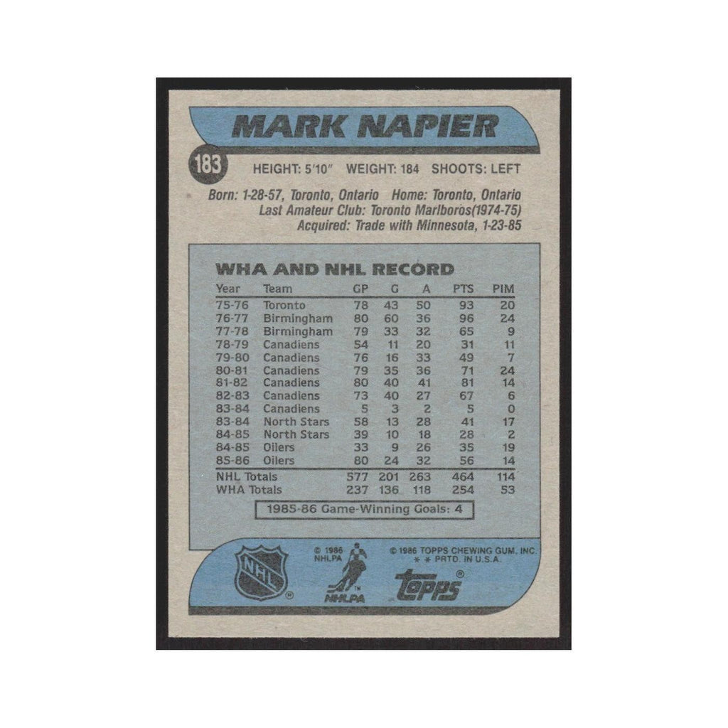 1986 Topps Mark Napier Edmonton Oilers #183