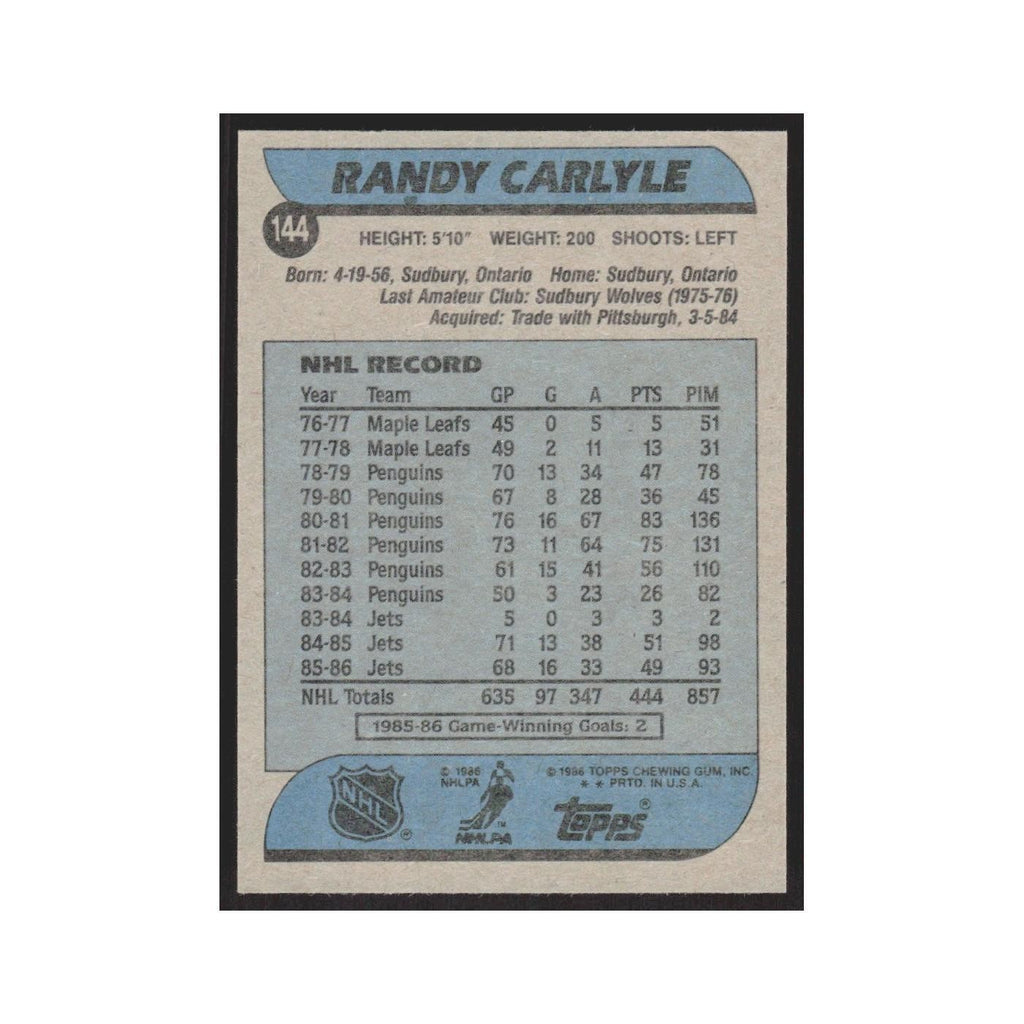 1986 Topps Randy Carlyle Winnipeg Jets #144