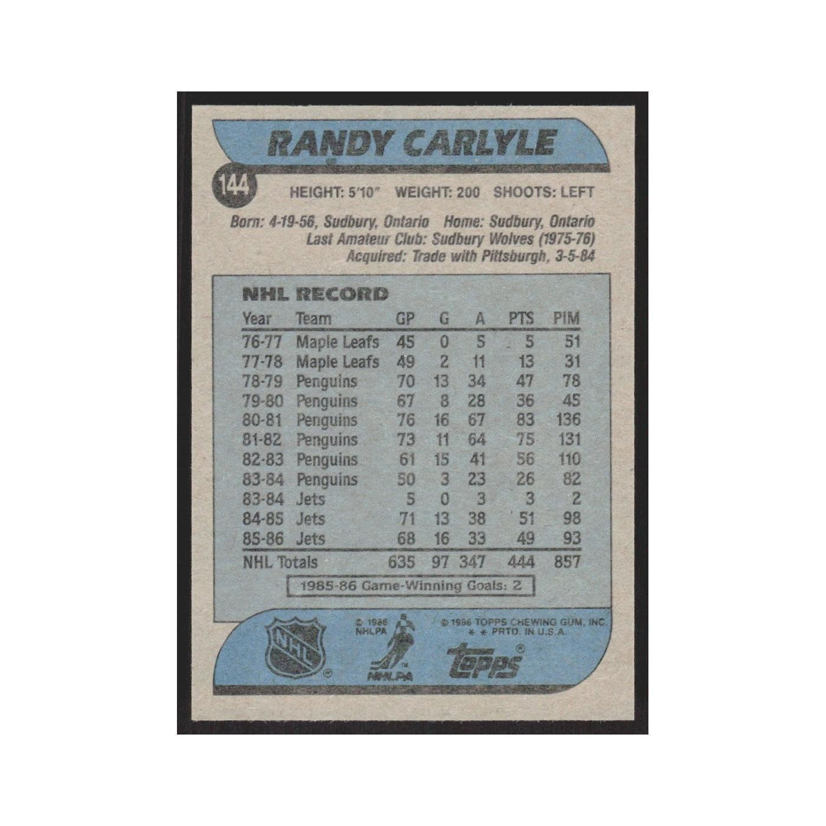 1986 Topps Randy Carlyle Winnipeg Jets #144
