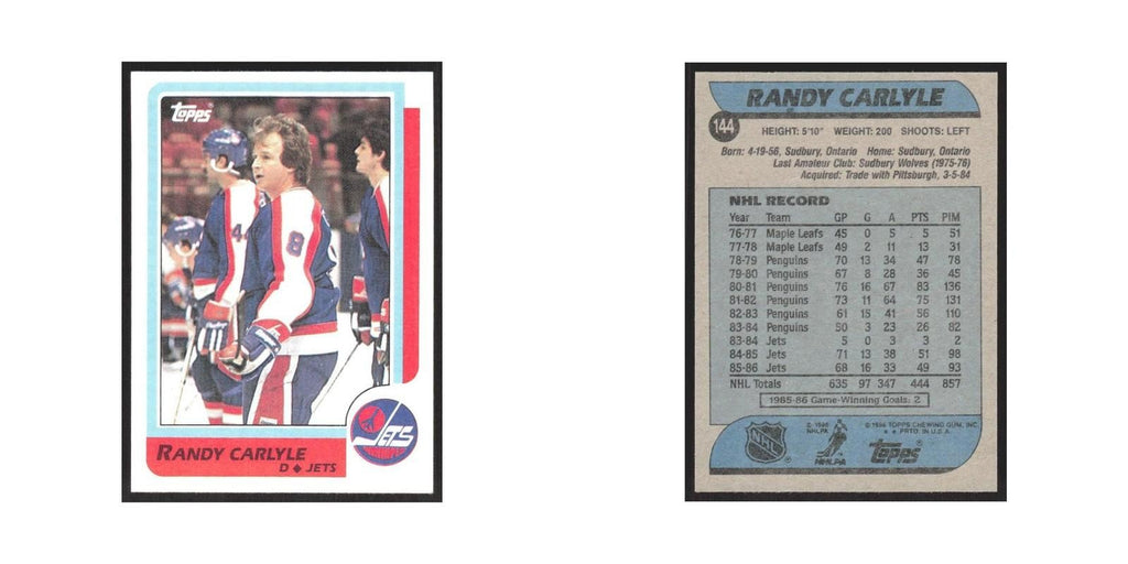 1986 Topps Randy Carlyle Winnipeg Jets #144