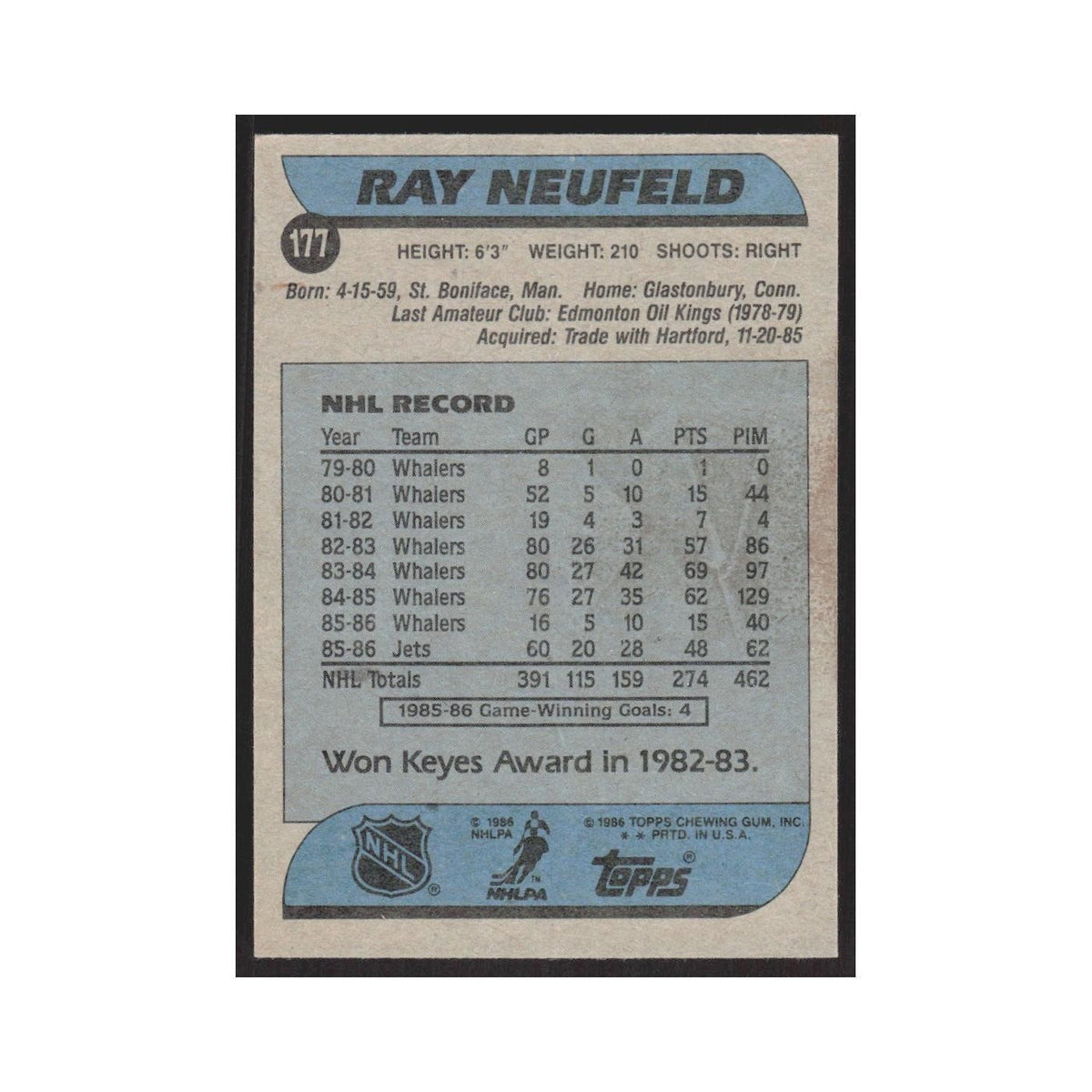 1986 Topps Ray Neufeld Winnipeg Jets #177
