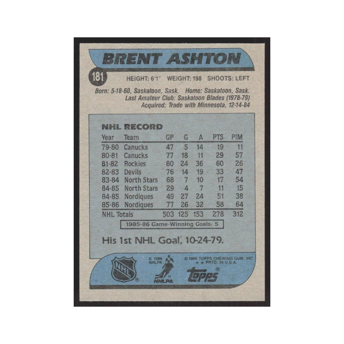 1986 Topps Brent Ashton Quebec Nordiques #181