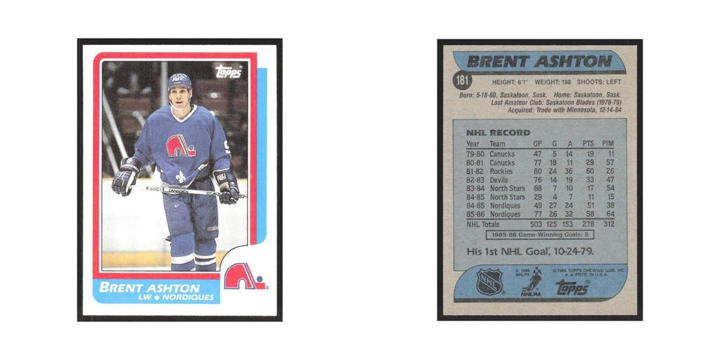 1986 Topps Brent Ashton Quebec Nordiques #181