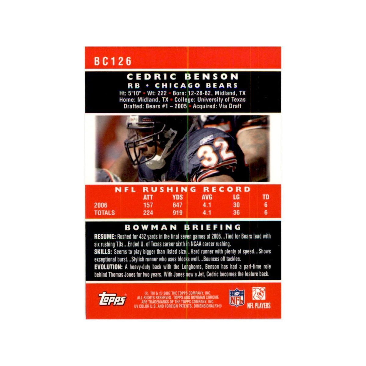 2007 Bowman Chrome Cedric Benson Football Cards #126
