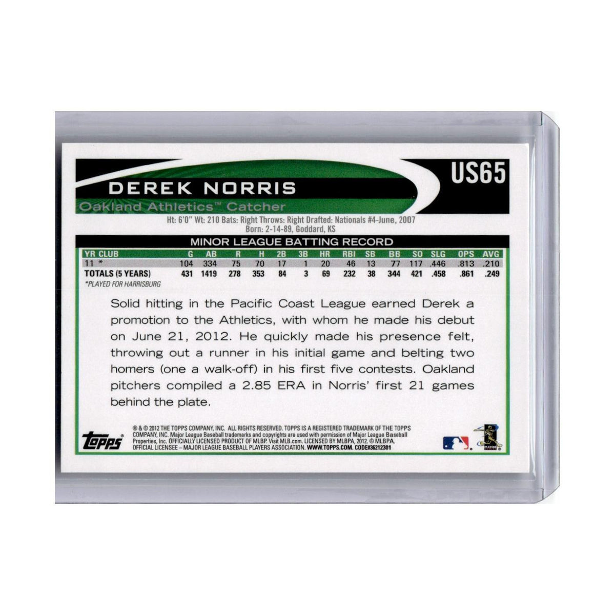 2012 Topps Update Derek Norris RC Athletics #US65