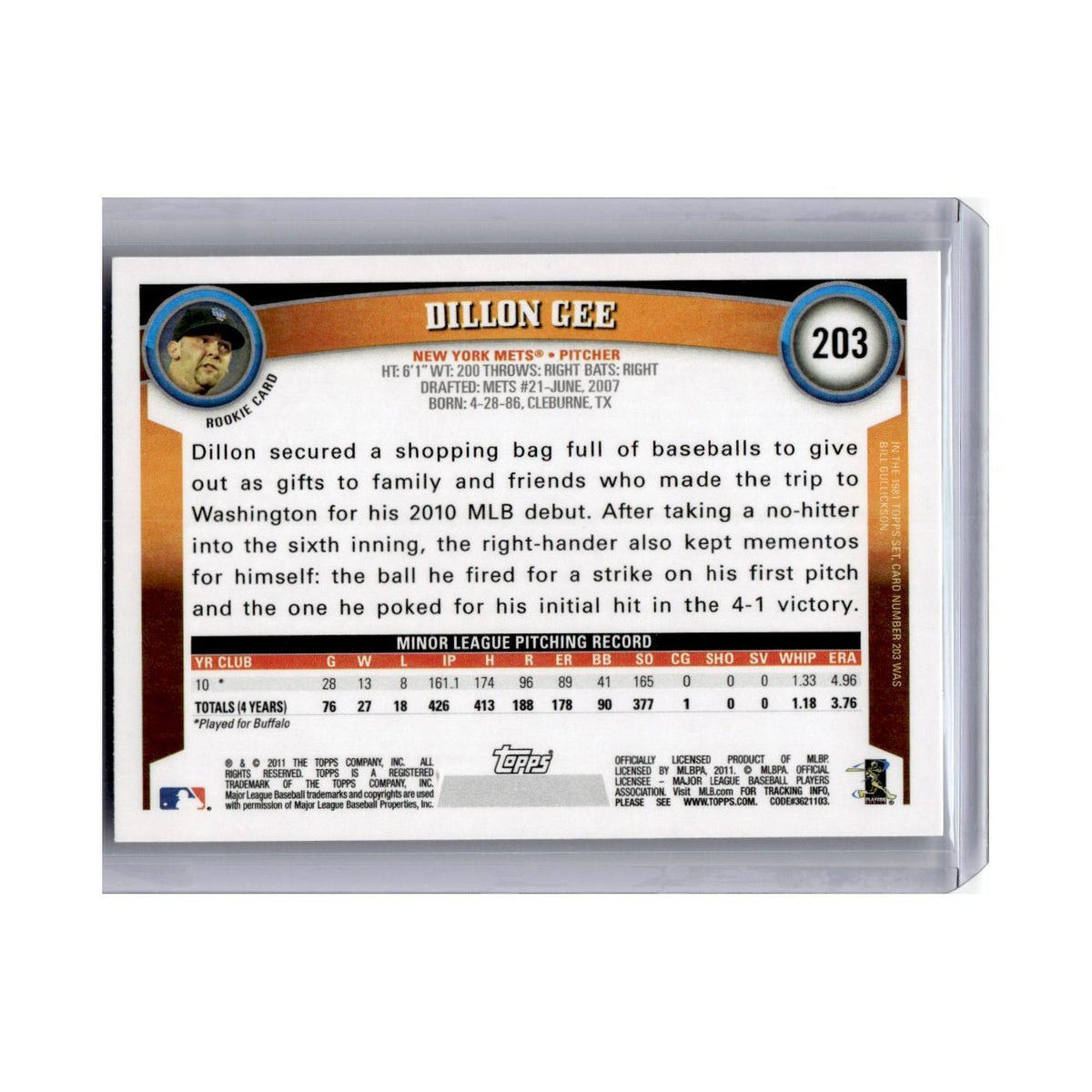 2011 Topps Dillon Gee RC Mets #203