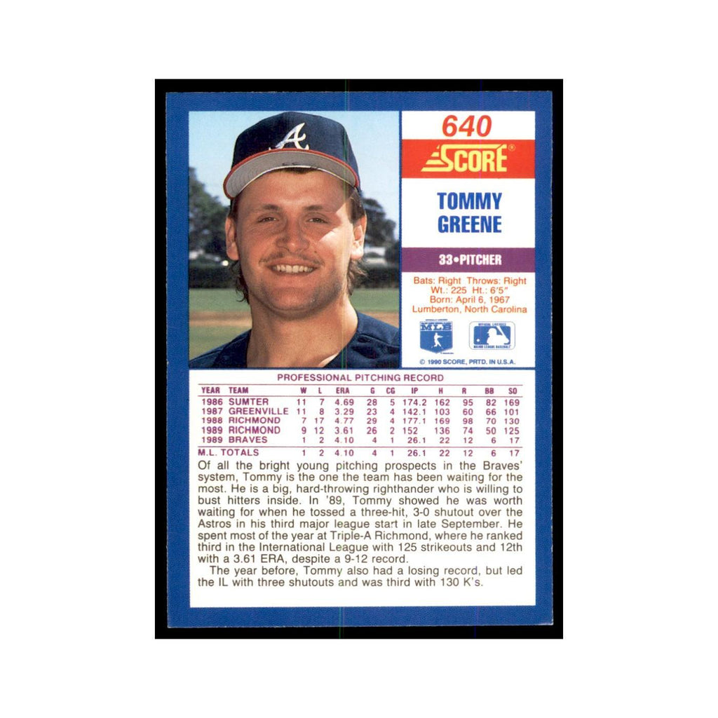 1990 Score Tommy Greene Baseball Cards #640