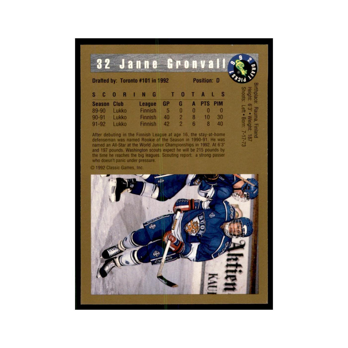 1992 Classic Draft Picks Janne Gronvall Hockey Cards #32