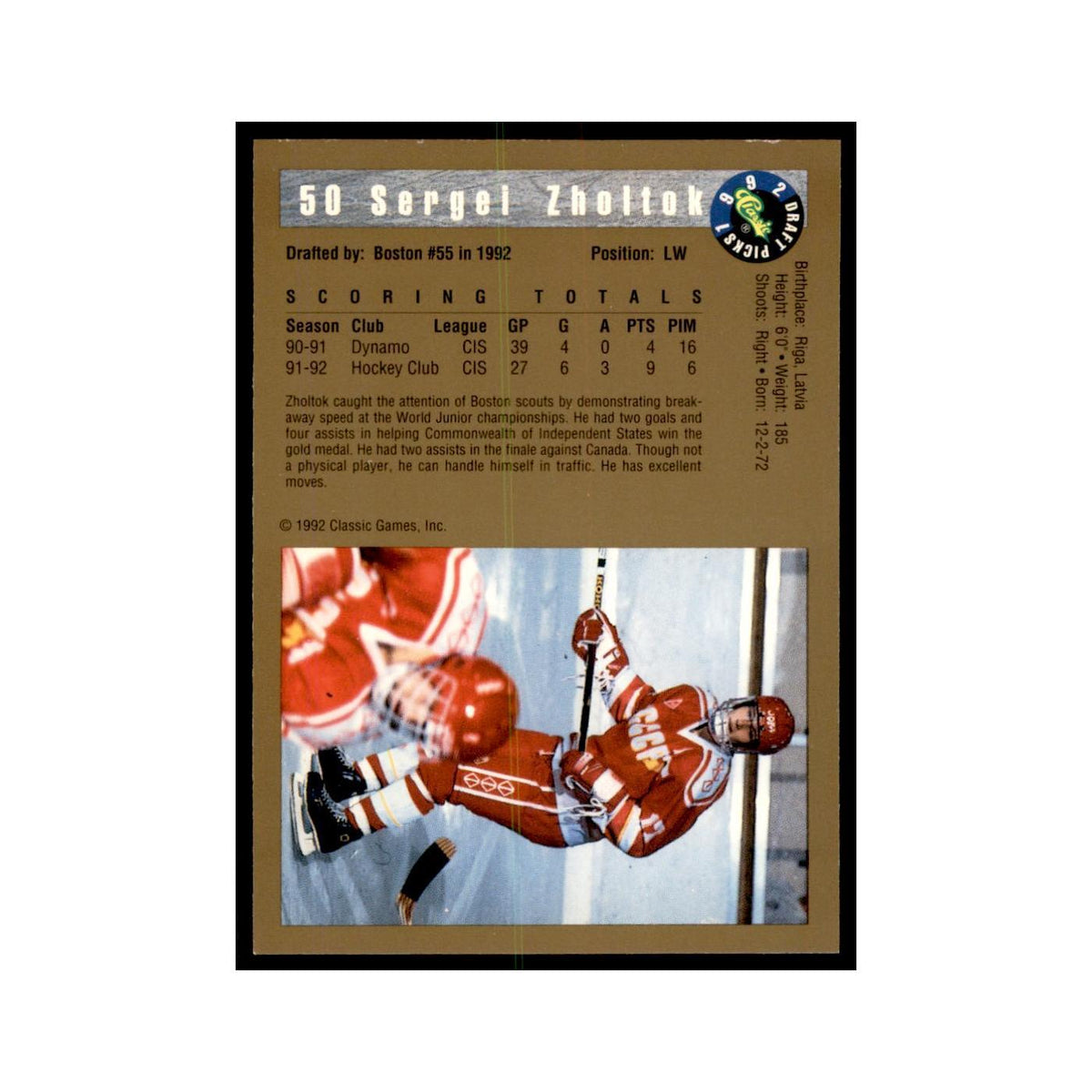 1992 Classic Draft Picks Sergei Zholtok Hockey Cards #50