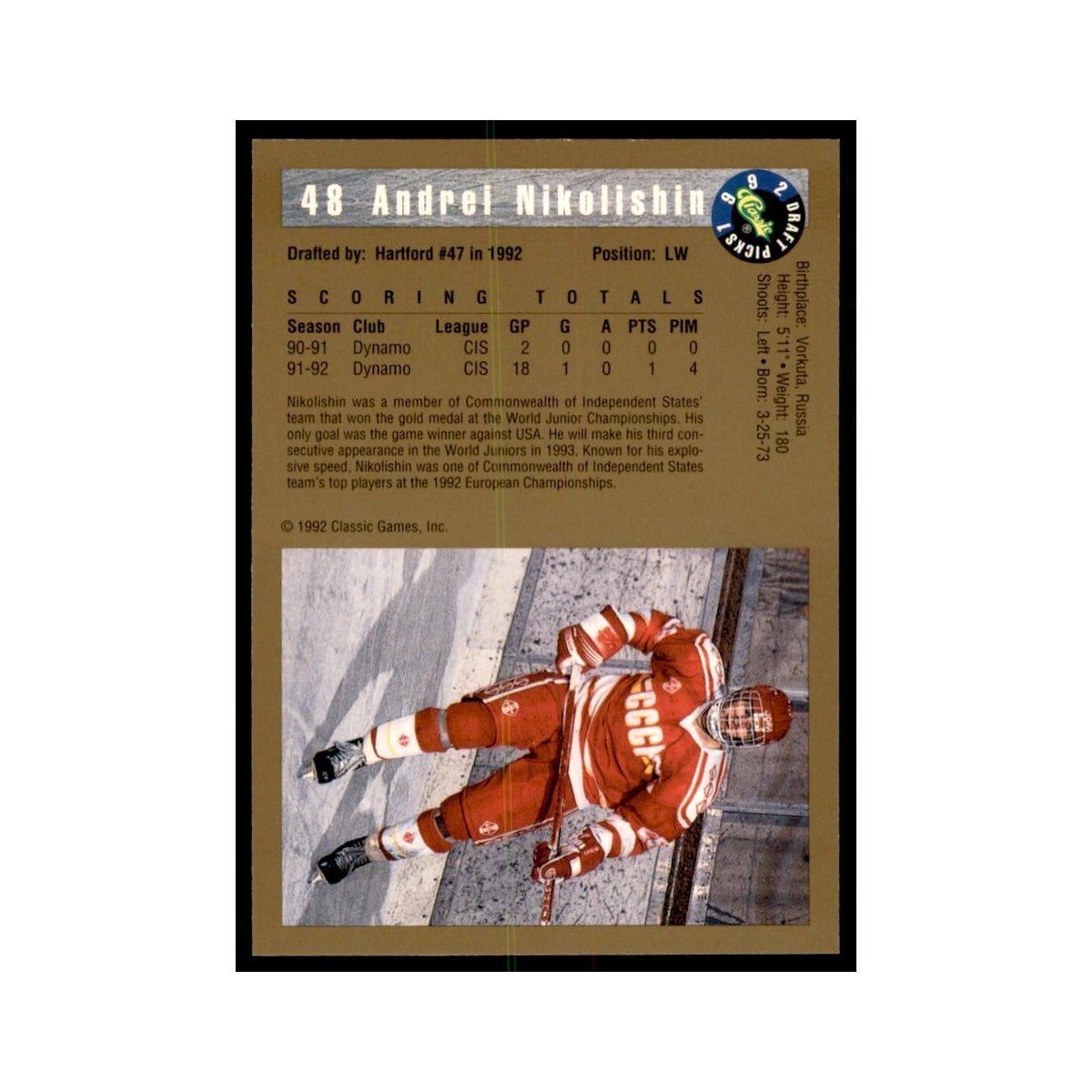 1992 Classic Draft Picks Andrei Nikolishin Hockey Cards #48
