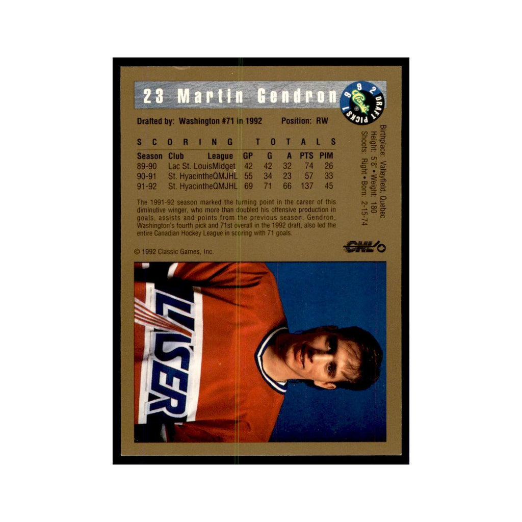 1992 Classic Draft Picks Martin Gendron Hockey Cards #23