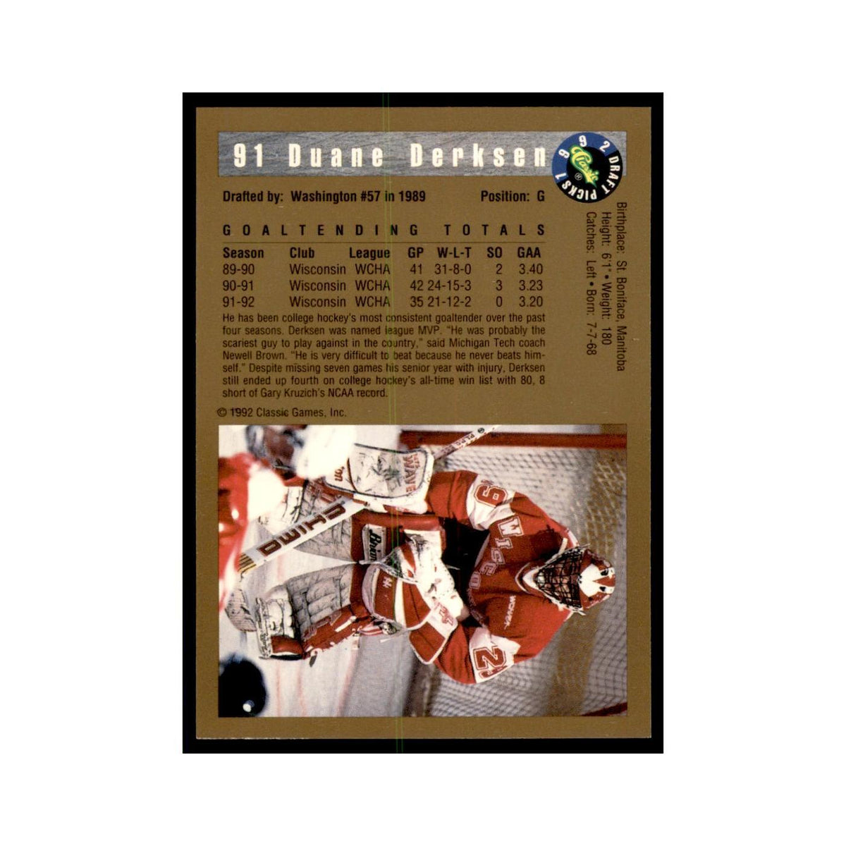 1992 Classic Draft Picks Duane Derksen Hockey Cards #91