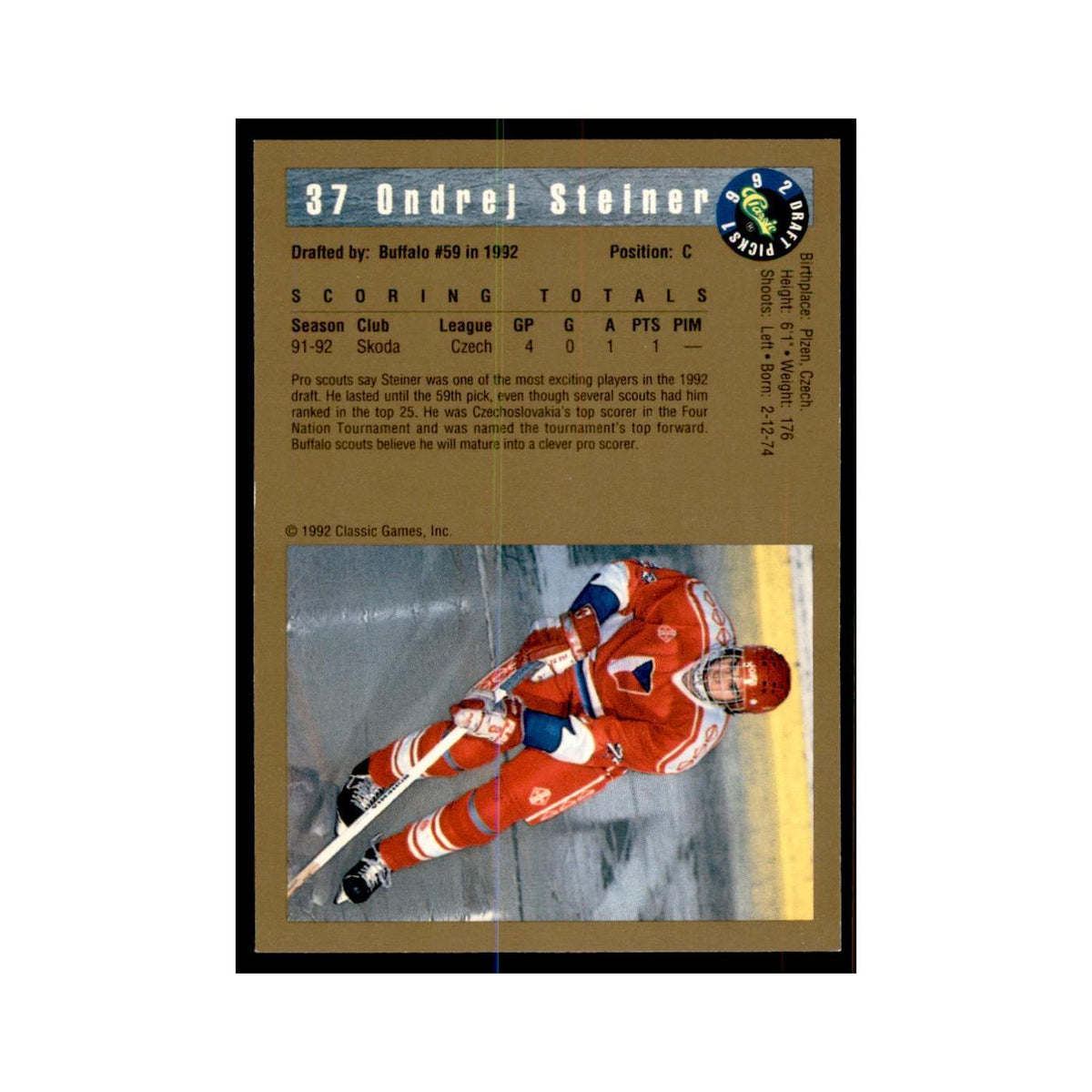 1992 Classic Draft Picks Ondrej Steiner Hockey Cards #37