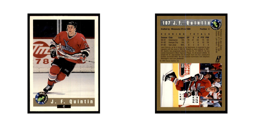 1992 Classic Draft Picks J.F. Quintin Hockey Cards #107